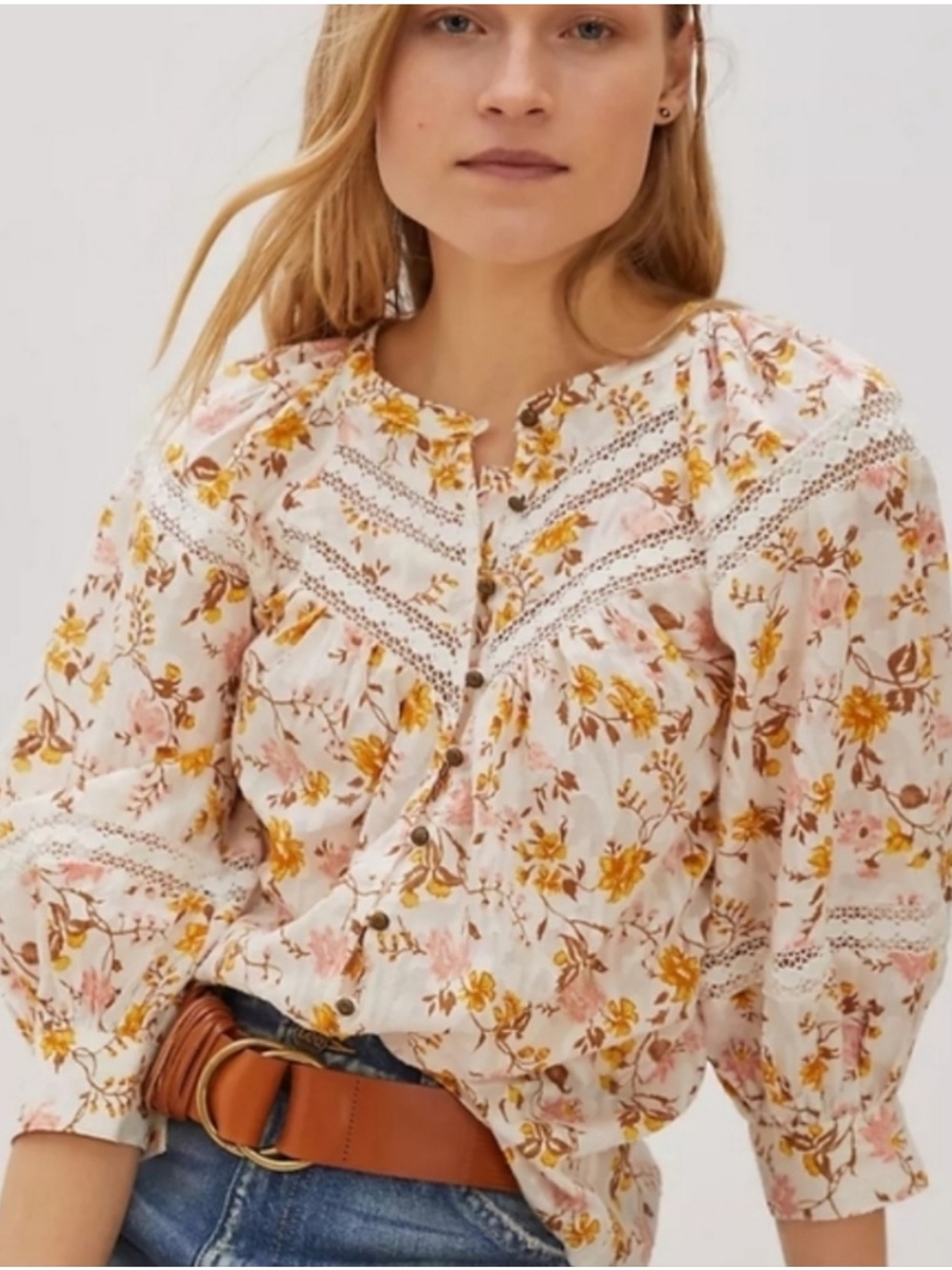 Anthropologie Harmony Lace Floral White Peasant Boho Blouse Top size medium - Picture 1 of 10